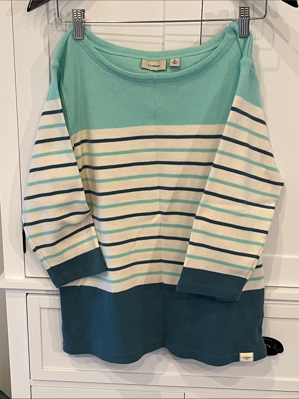 L.L. Bean Woman’s Mint, Teal & Cream Striped Long Sleeve Top